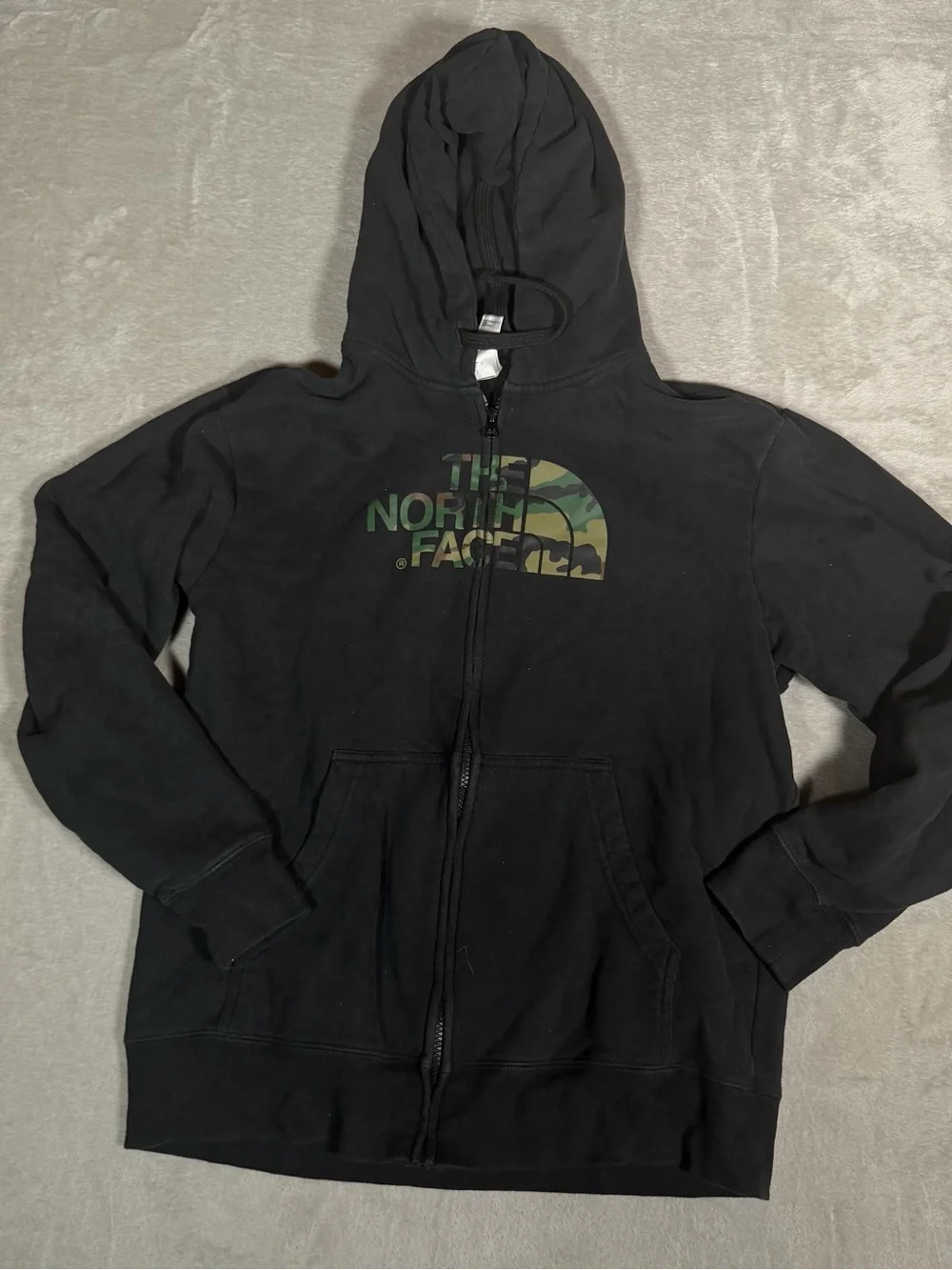 The North Face Charcoal Gray Hoodie with Camouflage Logo